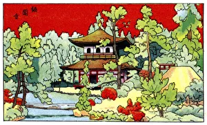 Archival postcard of pagoda and trees in graphic, Japanese print-style, Japan, c. 1910 Archival postcard of pagoda and trees in graphic, Japanese print-style, Japan, c. 1910