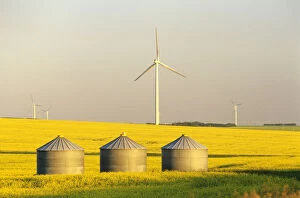 Images Dated 22nd January 2012: Artists Choice: Grain Bins And Wind Turbines In Canola Field, Near St. Leon, Manitoba