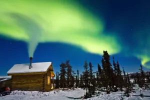 Aurora Over Cabin In The White Mountian Recreation Area During Winter In Interior Alaska Aurora Over Cabin In The White Mountian Recreation Area During Winter In Interior Alaska