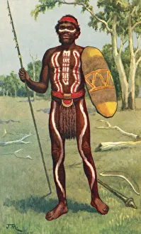 An Australian Aboriginal in full war paint, after a work by J. Macfarlane, from a contemporary print, c.1935; Artwork An Australian Aboriginal in full war paint, after a work by J. Macfarlane, from a contemporary print, c.1935; Artwork