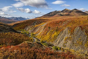 The autumn colours ignite the landscape in colour along the Dempster Highway, Yukon. An amazing, beautiful place any time of year but it takes on a different feel in autumn; Yukon, Canada