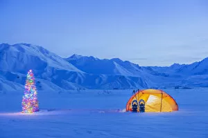 A Backpacking Tent And Snowshoes Lit Up At Dawn With A Christmas Tree Next To It Foothills Of The Alaska Range In The