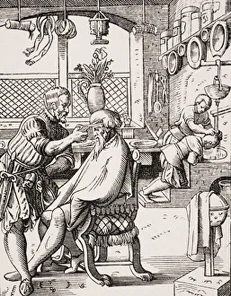 Barber. 19Th Century Reproduction Of 16Th Century Woodcut By Jost Amman Barber. 19Th Century Reproduction Of 16Th Century Woodcut By Jost Amman