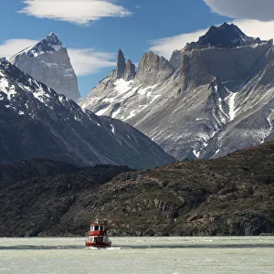A Boat On Grey Lake, Torres Del Paine National Park; Torres Del Paine, Magallanes And Antartica Chilena Region, Chile A Boat On Grey Lake, Torres Del Paine National Park; Torres Del Paine, Magallanes And Antartica Chilena Region, Chile