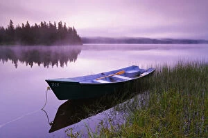 Images Dated 20th July 2008: Boat In Mist At Dawn, Rimouski Lake, Rimouski Wildlife Reserve, Bas-Saint-Laurent Region, Quebec