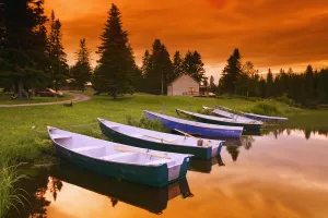 Boats And Cottage At Dusk, Rimouski Lake, Rimouski Wildlife Reserve, Bas-Saint-Laurent Region, Quebec Boats And Cottage At Dusk, Rimouski Lake, Rimouski Wildlife Reserve, Bas-Saint-Laurent Region, Quebec