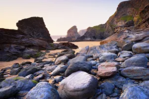 Boulders and Sea Stacks at Low Tide, Bedruthan Steps, Cornwall, England Boulders and Sea Stacks at Low Tide, Bedruthan Steps, Cornwall, England