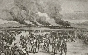 The Burning Of The Zulu Royal Kraal At Ulundi After The Battle Of Ulundi, Kwa-Zulu-Natal Province, South Africa The Burning Of The Zulu Royal Kraal At Ulundi After The Battle Of Ulundi, Kwa-Zulu-Natal Province, South Africa