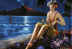 Images Dated 18th July 1997: C. 1930-1940 Hawaii, Art, Ukulele Girl On Beach, Moonlit Surfer, Volcano Background