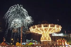 Images Dated 12th July 2005: Calgary, Alberta, Canada; Midway Rides At Night With Fireworks At The Calgary Stampede