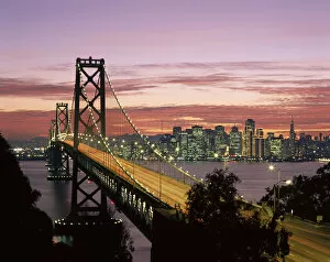 Images Dated 22nd December 1995: California, San Francisco, Sunset On Bay And Skyline, Blur Traffic Illuminated A50C