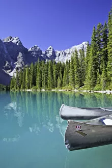 Images Dated 19th August 2009: Canoes In Moraine Lake And Valley Of The Ten Peaks, Banff National Park, Alberta