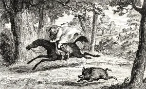 Cardinal John of Belue Chasing A Boar Engraving By George Cruikshank Dated 1845 Of A Scene From Sir Walter Scott' Cardinal John of Belue Chasing A Boar Engraving By George Cruikshank Dated 1845 Of A Scene From Sir Walter Scott'