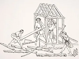 Carpenters. 19Th Century Reproduction Of Miniature In 15Th Century Manuscript Chroniques De Jainaut Carpenters. 19Th Century Reproduction Of Miniature In 15Th Century Manuscript Chroniques De Jainaut