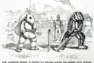 Cartoon depicting suggested protective clothing for cricketers Cartoon depicting suggested protective clothing for cricketers