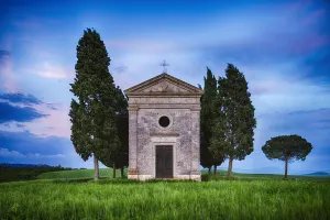 Chapel of Vitaleta with Cypress Trees at dusk after sunset. Chapel of Vitaleta, Val dŽOrcia, Siena Province, Tuscany Chapel of Vitaleta with Cypress Trees at dusk after sunset. Chapel of Vitaleta, Val dŽOrcia, Siena Province, Tuscany