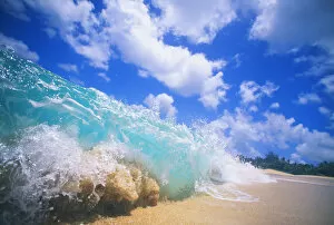 Images Dated 27th March 2001: Closeup Action Of Shorebreak Ocean Wave, Turbulent Motion Blue Sky With Puffy Clouds