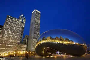 Cloud Gate (The Bean) Sculpture In Front Of Skyscrapers At Night, Chicago,Illinois,Usa Cloud Gate (The Bean) Sculpture In Front Of Skyscrapers At Night, Chicago,Illinois,Usa