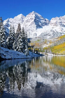 Maroon Lake Gallery: Colorado, Near Aspen, Landscape Of Maroon Lake And On Maroon Bells In Distance, Early Snow