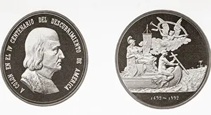 Commemorative medal celebrating the 400 year anniversary of Columbus's discovery of America in 1492 Commemorative medal celebrating the 400 year anniversary of Columbus's discovery of America in 1492