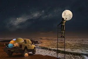 Pick Up Truck Gallery: Composite image of a boy touching the moon with a truck full of planets