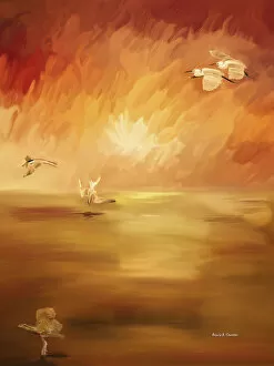 Computer Generated Image Of Birds Flying And Landing In Water With Orange And Red Hues