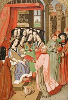 The Court Of Mary Of Anjou 1404 To 1463 Wife Of Charles Vii. Her Chaplain Robert Blondel Presents Her With The The Court Of Mary Of Anjou 1404 To 1463 Wife Of Charles Vii. Her Chaplain Robert Blondel Presents Her With The