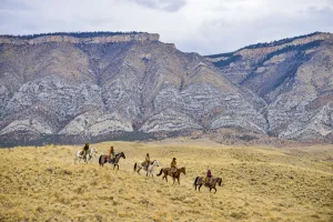 Cowboys and Cowgirls riding horse in wilderness, Rocky Mountain, Wyoming, USA Cowboys and Cowgirls riding horse in wilderness, Rocky Mountain, Wyoming, USA