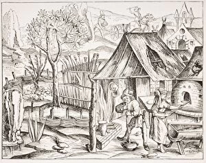 Cultivation Of Grain By Peasants And Manufacture Of Barley And Oat Bread. 19Th Century Reproduction Of A Woodcut From