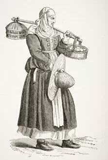 A Dealer In Eggs. 19Th Century Copy Of 16Th Century Woodcut By Cesare Vecellio