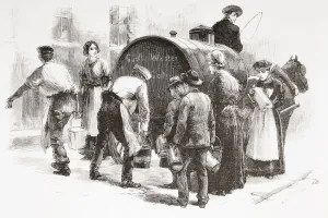 Distributing free pure water to the population during the 1892 Cholera outbreak in Hamburg, Germany Distributing free pure water to the population during the 1892 Cholera outbreak in Hamburg, Germany