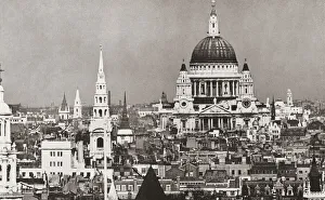 The dome of St. Pauls and the spires and steeples of the city of London, England The dome of St. Pauls and the spires and steeples of the city of London, England