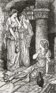 Dorothea in her prison cell is tempted by two apostates who had denied Christ and offered her money to deny Him too Dorothea in her prison cell is tempted by two apostates who had denied Christ and offered her money to deny Him too