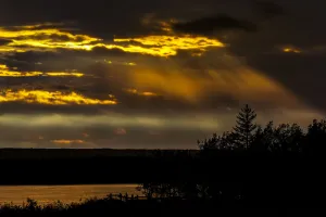 Dramatic colourful sky with sun beams coming down from the sky reflecting on a lake with trees silhouetted in Dramatic colourful sky with sun beams coming down from the sky reflecting on a lake with trees silhouetted in