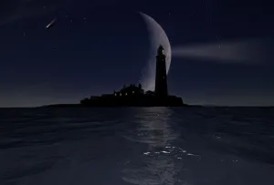 Dramatic moon behind St Mary's Lighthouse illuminated at night on Whitley Bay, England Dramatic moon behind St Mary's Lighthouse illuminated at night on Whitley Bay, England