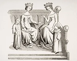 Dress Of Noble Ladies And Children In The 14Th Century. From Miniature In Merveilles Du Monde Dress Of Noble Ladies And Children In The 14Th Century. From Miniature In Merveilles Du Monde