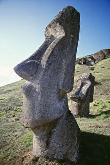 Easter Island, Close-Up Of Moai Stone Statue, Cloudless Blue Sky Easter Island, Close-Up Of Moai Stone Statue, Cloudless Blue Sky