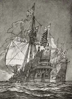 EDITORIAL The Spanish galleon Nuestra Senora de la Concepcion aka Cacafuego, captured by Sir Francis Drake aboard The Golden Hind, 1579. From The Book of Ships, published c.1920