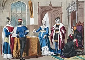 Images Dated 25th September 2007: English Costumes From Late Fifteenth Century. From Left, Judge, Gentleman, Lady Of Rank, Courtier