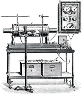 Engraving depicting a general view of early xray apparatus, 20th century Engraving depicting a general view of early xray apparatus, 20th century