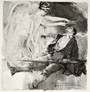 On The Field Of Honour. A Dead Soldier Is Honoured With A Wreath By A Winged Angel On The Field Of Honour. A Dead Soldier Is Honoured With A Wreath By A Winged Angel