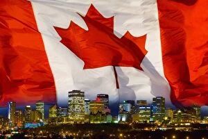Images Dated 13th September 2005: Flag Of Canada Over Albertas Capital City, Edmonton, Alberta, Canada