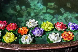 Currency Gallery: Flowers floating in a wishing well