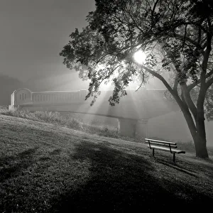 Foggy Morning And Assiniboine Park Footbridge, On Banks Of Assiniboine River, Winnipeg, Manitoba Foggy Morning And Assiniboine Park Footbridge, On Banks Of Assiniboine River, Winnipeg, Manitoba