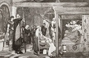 Fredegund, after apparently ordering the assassination of Praetextatus, visits him on his deathbed Fredegund, after apparently ordering the assassination of Praetextatus, visits him on his deathbed