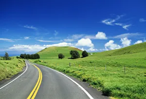 Hawaii, Big Island, Waimea Ranch Land, Road Curving Through Lush Pasture Hawaii, Big Island, Waimea Ranch Land, Road Curving Through Lush Pasture