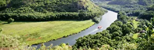Hawaii, Kauai, Aerial View Of Wailua River With Tour Boat, Greenery, Panoramic Hawaii, Kauai, Aerial View Of Wailua River With Tour Boat, Greenery, Panoramic