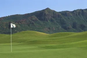 Hawaii, Kauai, Kauai Marriott Golf Course Rolling Hills With Mountains In Background, White Flag Hawaii, Kauai, Kauai Marriott Golf Course Rolling Hills With Mountains In Background, White Flag