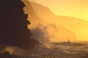 Hawaii, Kauai, Na Pali Coast At Sunset From Haena, Crashing Waves Against Rocks Hawaii, Kauai, Na Pali Coast At Sunset From Haena, Crashing Waves Against Rocks