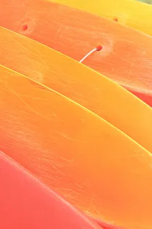 Hawaii, Oahu, Pattern Shot Of Orange Yellow Kayaks Stacked On Each Other Hawaii, Oahu, Pattern Shot Of Orange Yellow Kayaks Stacked On Each Other
